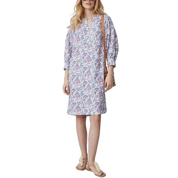 J.McLaughlin Dresses & Skirts - J.McLaughlin Nylee Dress Womens Medium Linen Blue Pink Floral Shift Split Neck